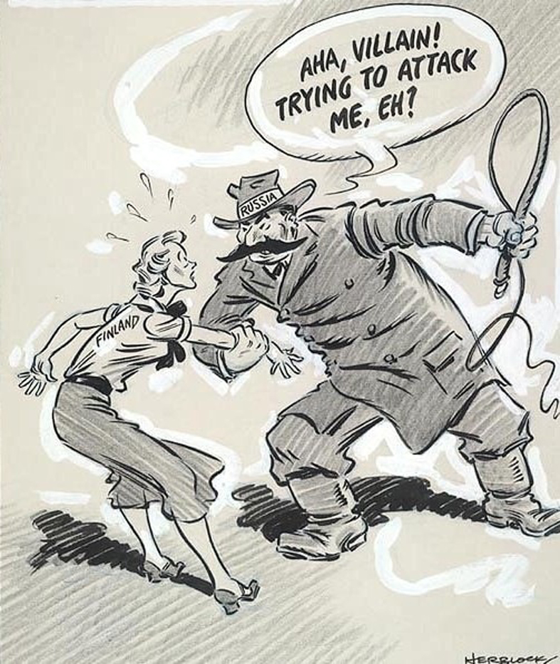 «Ах, лиходійко, спробувала напасти на мене, еге?» У цій карикатурі часів радянсько-фінської війни — вся сутність незмінної політики російської імперії. Малюнок з сайту nv.ua