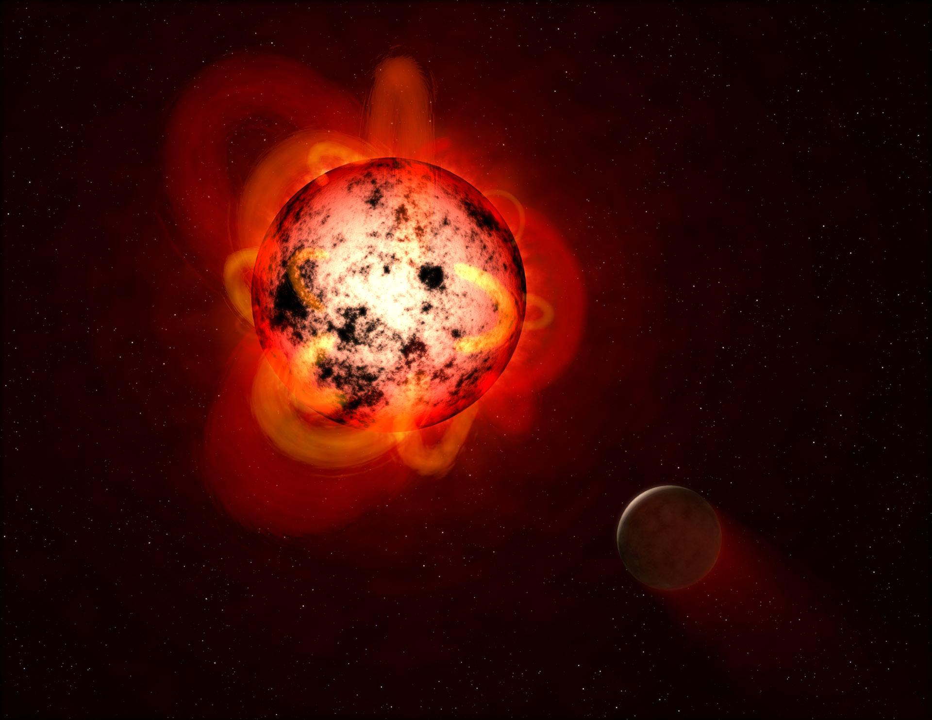 Екзопланета на орбіті червоного карлика в поданні художника. Credits: NASA / ESA / G. Bacon (STScI)