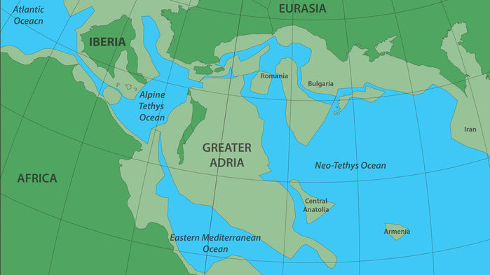 Близько 140 мільйонів років тому Велика Адрія, яка пізніше потрапила під південну Європу, була наземним масивом Гренландії (занурені ділянки в сіро-зелений колір) на південь від континенту.