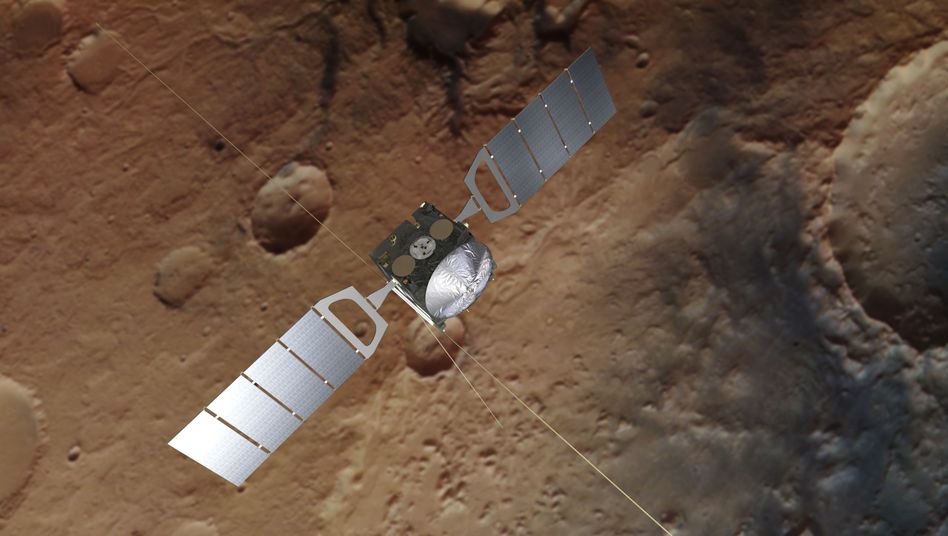«Марс Експрес» (враження художника) перед реальним зображенням марсіанської поверхні Фото: AFP / Esa / ATG medialab; Марс: Esa / DLR / FU Berlin