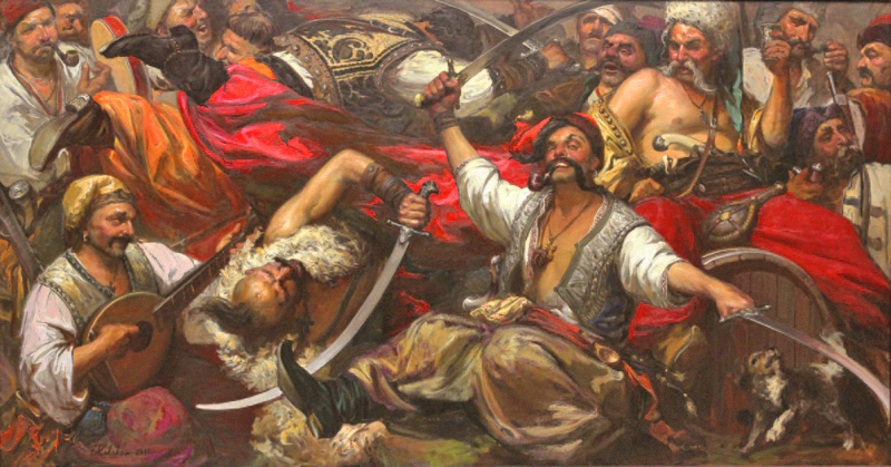 На відміну від гоголівського «Тараса Бульби», в опері Лисенка козакам байдуже до російського царя (картина Олексія Кулакова «Січовий гопак»).