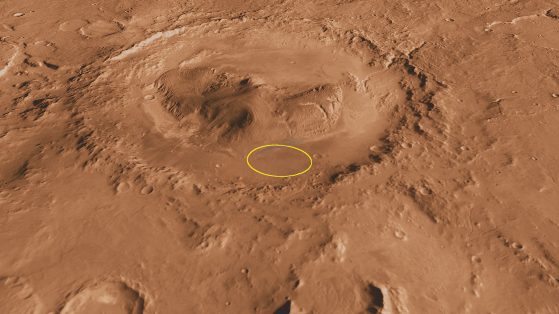 Загальний вигляд кратера Гейла. Еліпс показує місце роботи апарату Curiosity (Зображення NASA / JPL-Caltech / ESA / DLR / FU Berlin / MSSS)