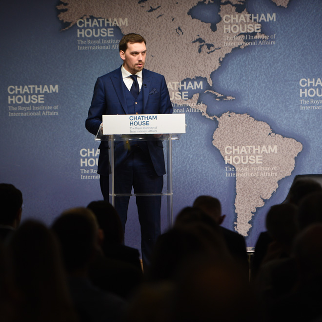Прем’єр-міністр Олексій Гончарук виступив у Королівському інституті міжнародних справ Chatham House. Фото з Урядового порталу