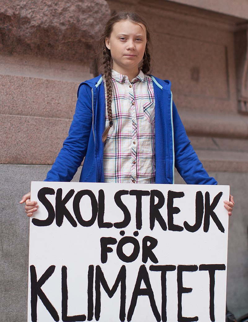 Грета Тунберг біля будівлі шведського парламенту з плакатом «Шкільний страйк за клімат». Серпень 2018 року.