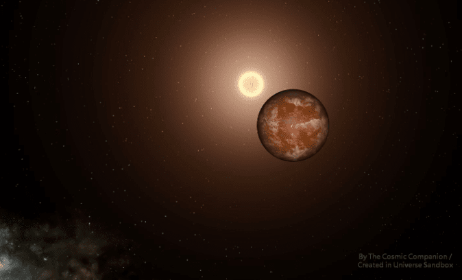 Симуляція, що показує G 9-40b, як екзопланета обертається навколо своєї батьківської зірки. 
