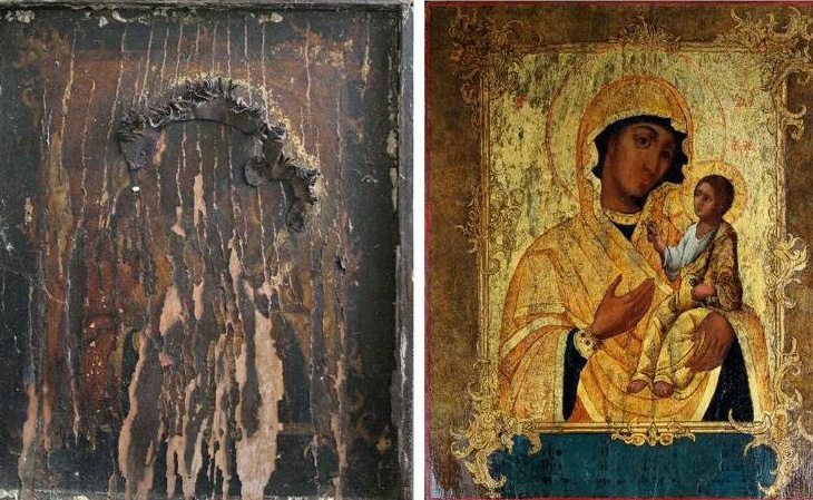 Іверська ікона Божої Матері (до і після реставрації). Фото з сайту debaty.sumy.ua