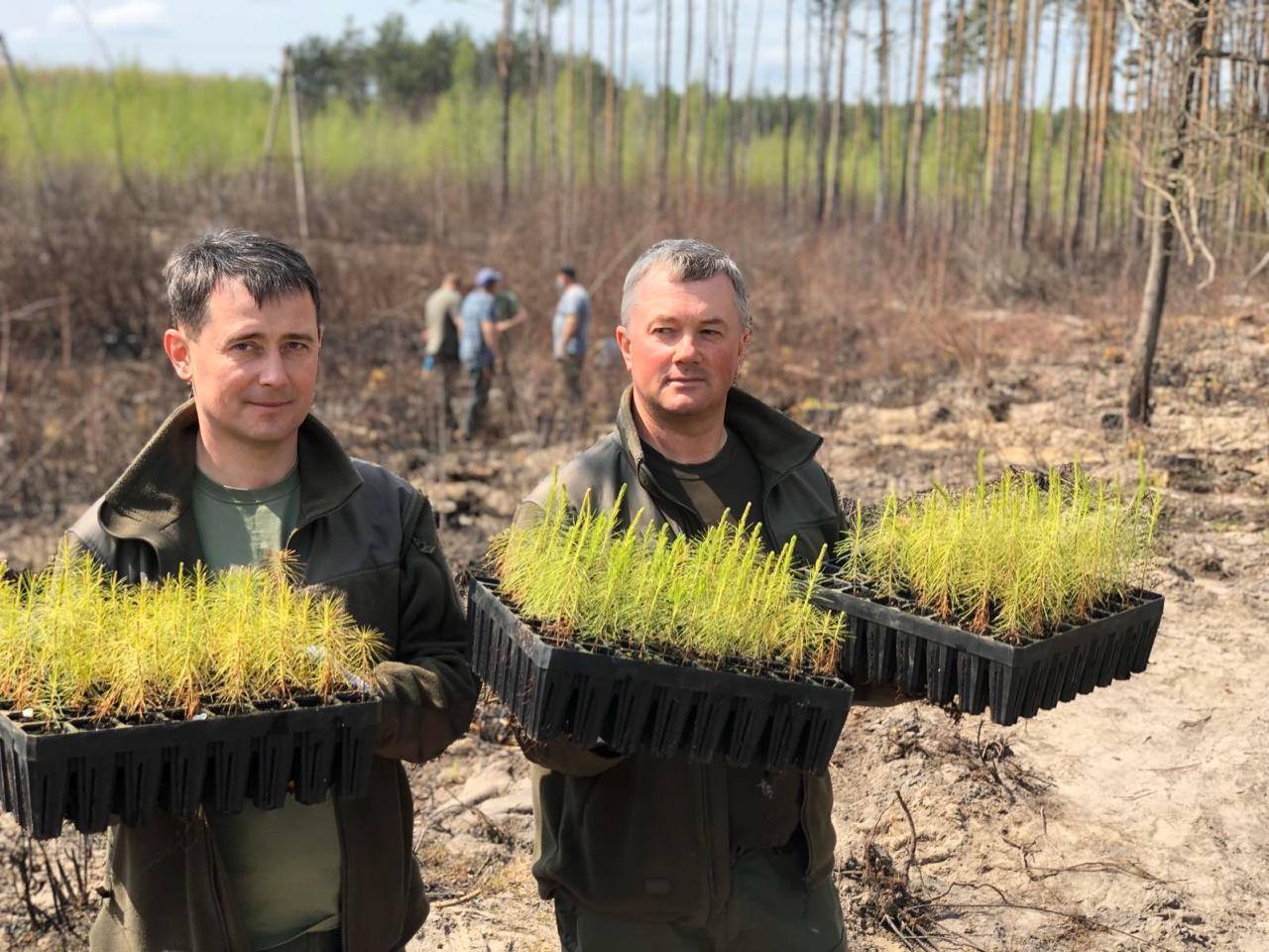 1.	Для директора Житомирського держлісгоспу Руслана Карчевського (на фото справа) та головного лісничого цього підприємства Сергія Дубницького висаджені власними руками сосни — немов лист до наступних поколінь.