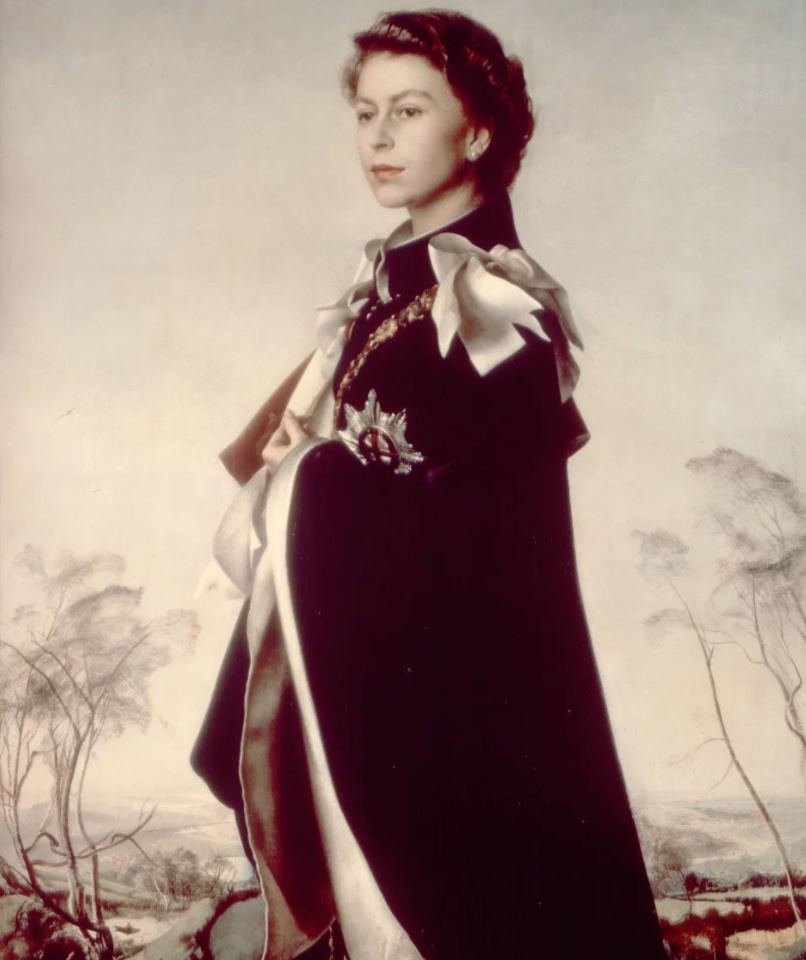Королева, одягнена в одяг Ордена Підв'язки, на портреті, написаному італійським художником П'єтро Аннігоні в 1954 році